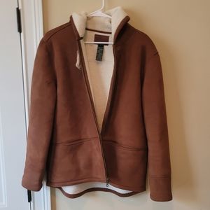 Lauren Ralph Lauren Dry Goods Brown Cream Off White Fleece Hooded Jacket Coat